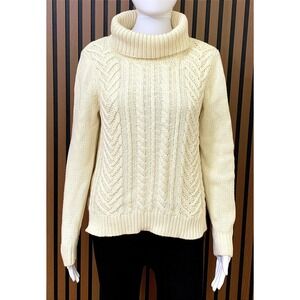 Lands' End Drifter Cream Cotton Cable Knit Turtleneck Sweater Womens M 10-12